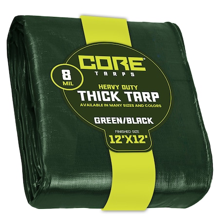 Core Tarps Heavy Duty Tarp, 12 ft L x 0.5 mm H x 12 ft W, 8 Mil, Green/Black, Polyethylene CT-403-12X12
